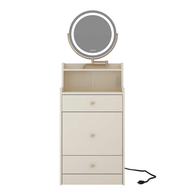3 in 1 Small Vanity, Makeup Table with Mirror and Light, Vanity Table Set with 2 Drawers and Upholstered Stool
