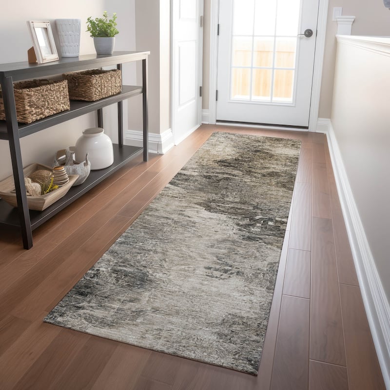 Machine Washable Indoor/ Outdoor Chantille Abstract Watercolor Rug - Taupe - 2'3" x 7'6"