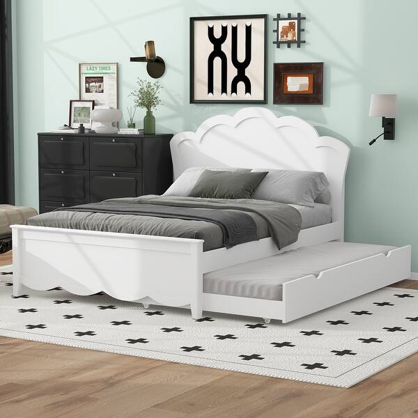 slide 2 of 30, Full Size Platform Bed with Cloud Shaped Headboard and Twin Size Trundle, Sturdy Pine Frame, No Box Spring Required, White White