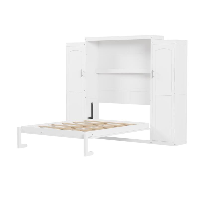 Full Size Wood Murphy Bed with Two Wardrobe and Storage Shelf, Multifunctional Foldable Platform Bedframe