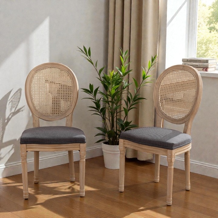 Set of 2 Dining Chairs with Rattan Back, Solid Wood Frame, Antique Painted Finish, Linen Upholstered Seat with Foam Cushion