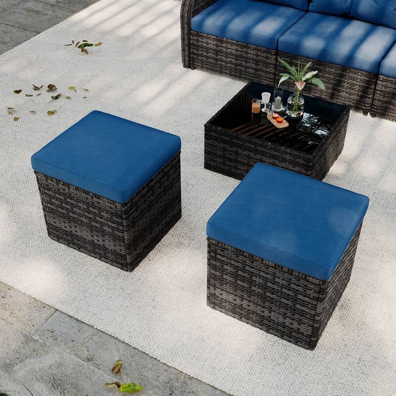 Outdoor Patio PE Wicker Ottoman with Cushion Set of 2