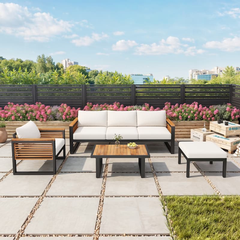 3-Piece Outdoor Patio Furniture Set with Wood Frame and Cushioned Seating, Industrial Style Sofa Set with Table and Ottomans