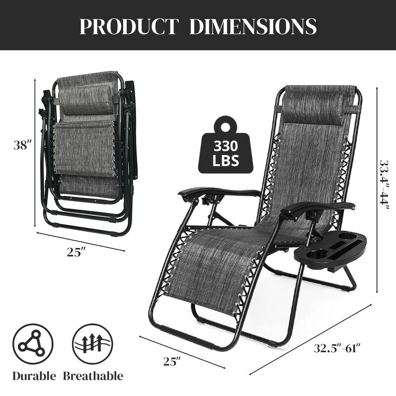 Set of 2 Zero Gravity Recliner Lounge Chairs with Cup Holders, Folding Patio Camping Beach Chairs for Outdoor Relaxation