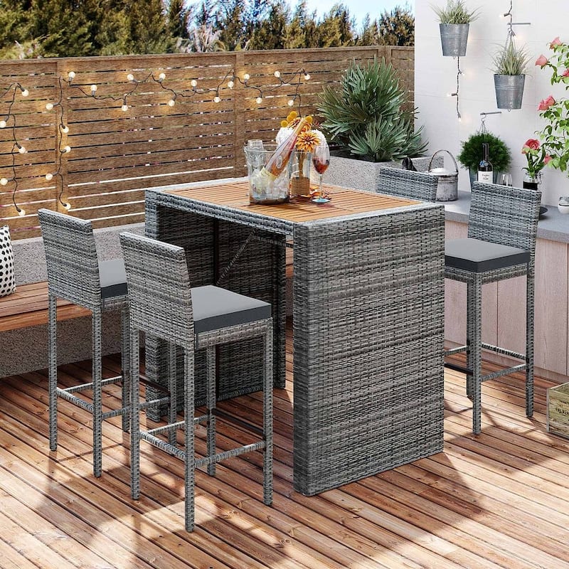 5-Piece Outdoor Patio Wicker Acacia Wood Table Top Bar Set, Gray