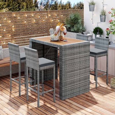 5-Piece Outdoor Patio Wicker Acacia Wood Table Top Bar Set, Gray