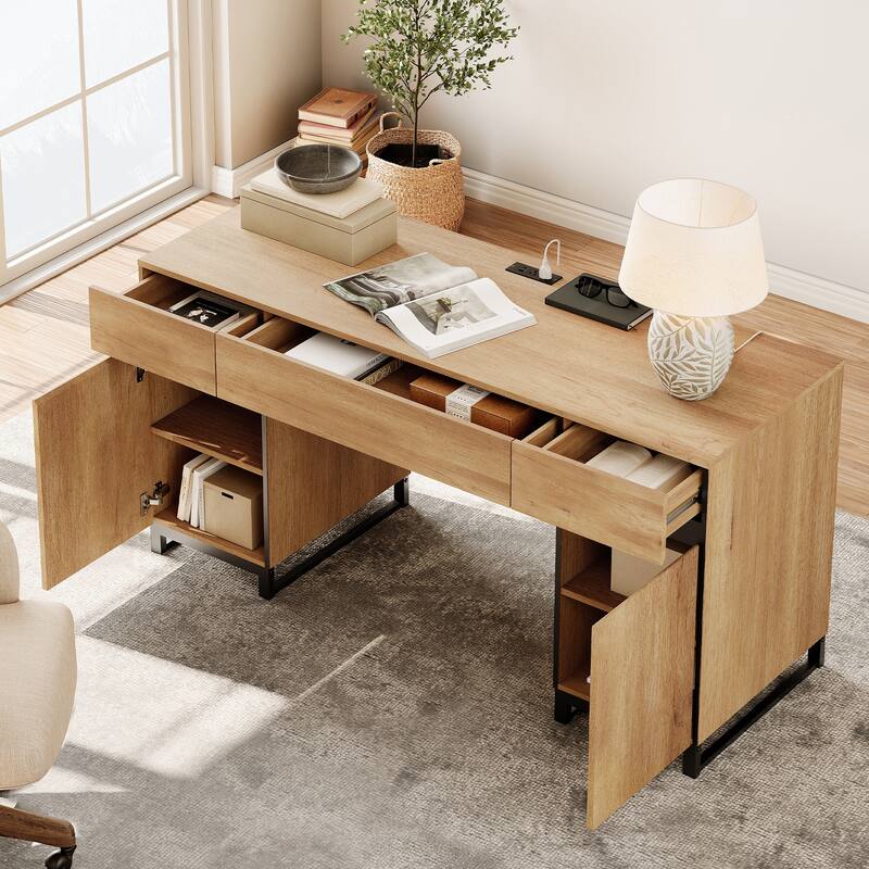 WAMPAT 59" Executive Desk with Charging Station & Storage Cabinet + 72" Tall Bookcase with 6 Drawers.