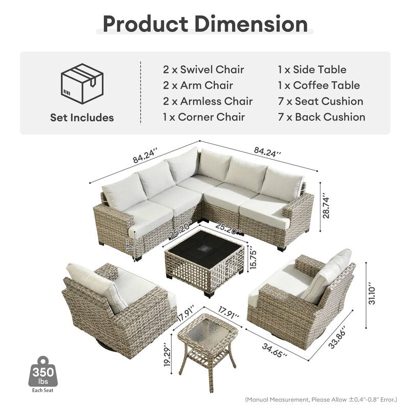 HOOOWOOO 9-piece Patio Wicker Sofa Swivel Chair Sectional Set