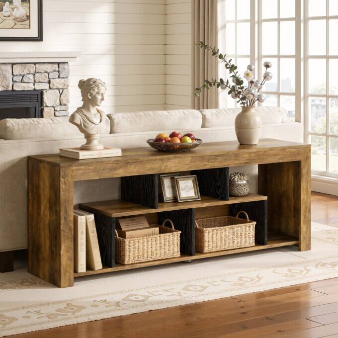 63" Console Table with Storage Shelf, Rustic Wooden Entryway Table - Bown