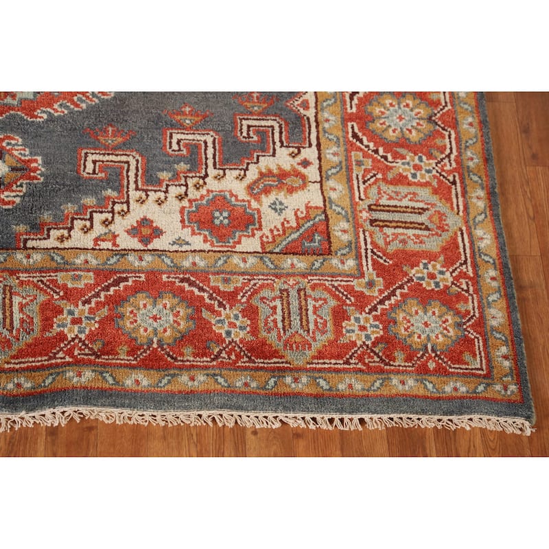Geometric Viss Indian Area Rug Hand-Knotted Blue Wool Carpet - 6'0" x 8'8"