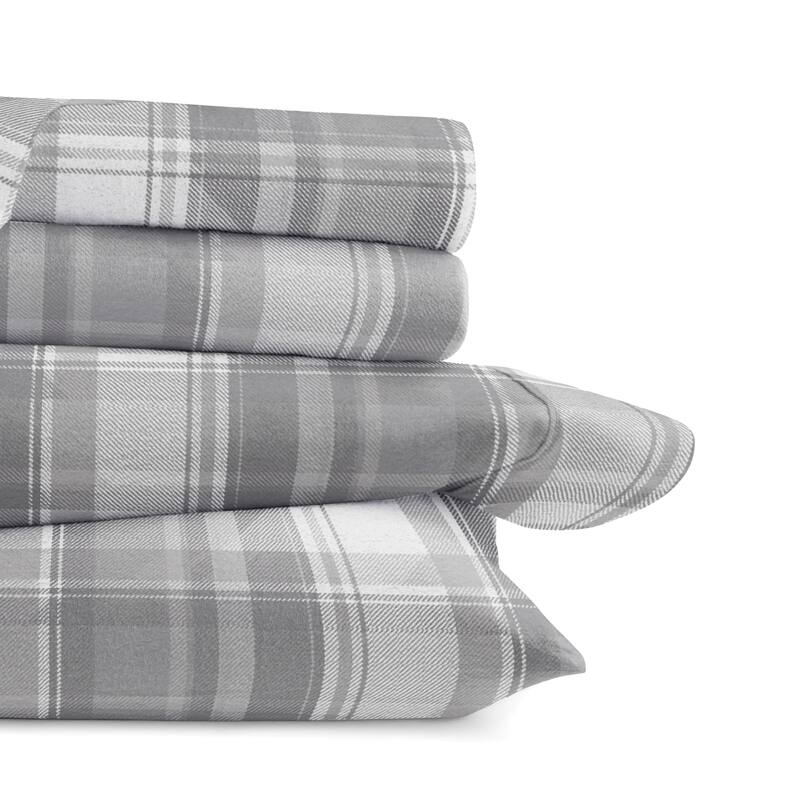 Becky Cameron Plaid 4 Piece 100% Cotton Brushed Flannel Deep Pocket Bed Sheet Set - Full