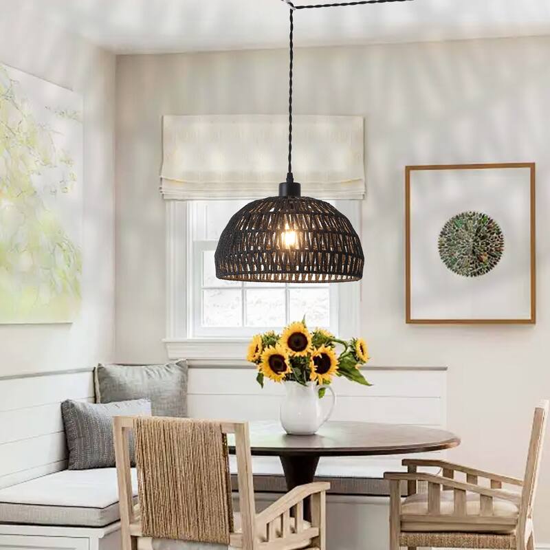 Plug in Handwoven Hemp Rope Lampshade Pendant Light with On/Off Switch