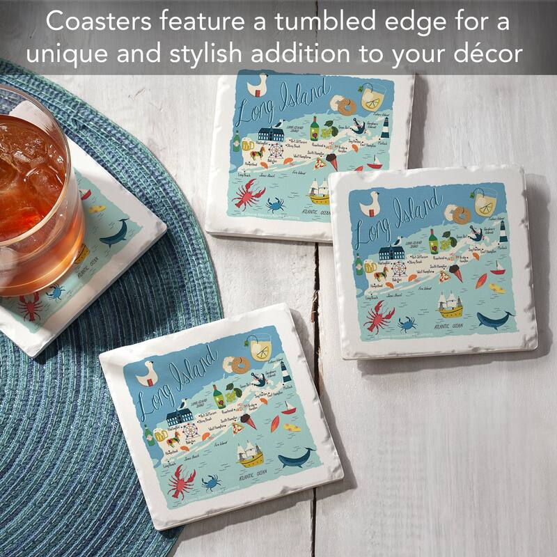Long Island Home 4-Pack Absorbent Stone Coasters with Protective Cork Backing 4" Square Made in The USA Easily Wipes Clean