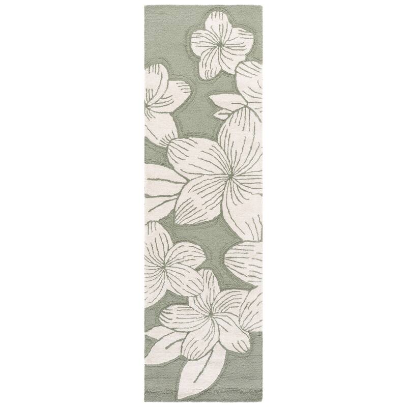 SAFAVIEH Handmade Glamour Odetta Floral Wool Rug - 2'3" x 8' Runner - Sage Green/Ivory