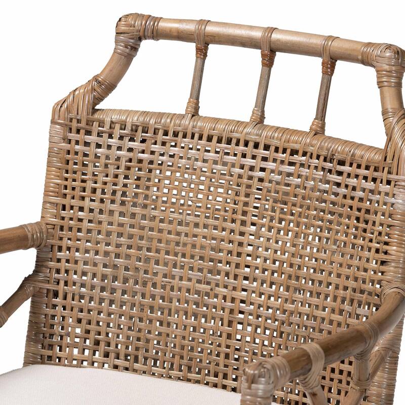 Abiel Natural Rattan Dining Armchair with Cushion - Handwoven Wicker Chair with Mahogany Wood Frame, Coastal Boho Seating