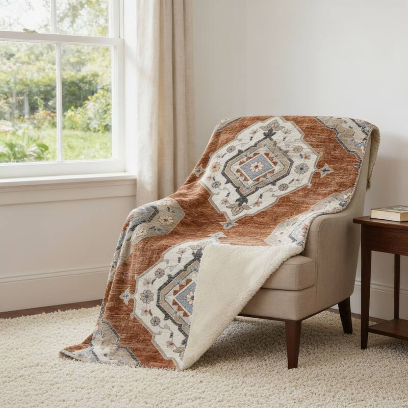 HomeRoots 50" X 70" Rust Ivory And Blue Floral Microfiber Plush Throw Blanket - Throw - Blue/Rust/Ivory
