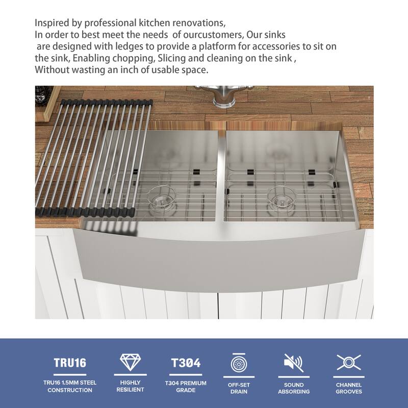 Farmhouse 16 Gauge Double Bowl Stainless Steel Kitchen Sink in Brushed Nickel