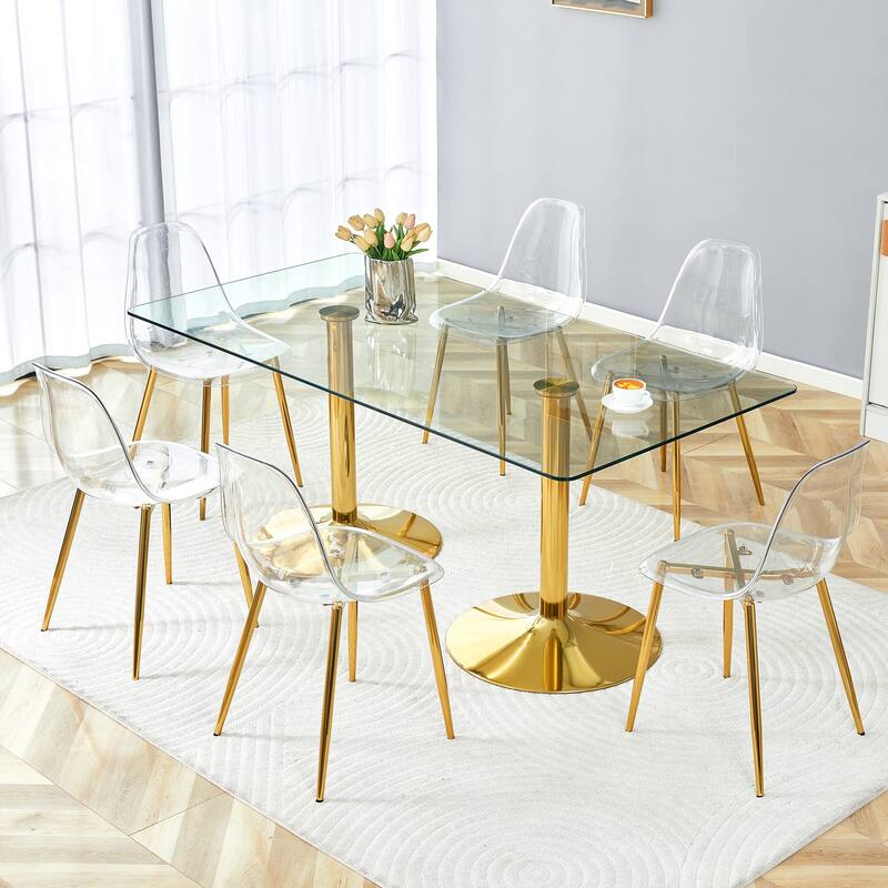 71" Dining Table Set for 6-8, Rectangular Kitchen Table with Transparent Plastic Chairs, Modern Glass Dining Room Table Set - Gold,Transparent - 7 Piece