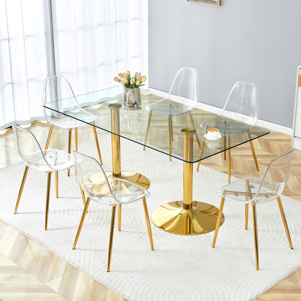 71" Dining Table Set for 6-8, Rectangular Kitchen Table with Transparent Plastic Chairs, Modern Glass Dining Room Table Set