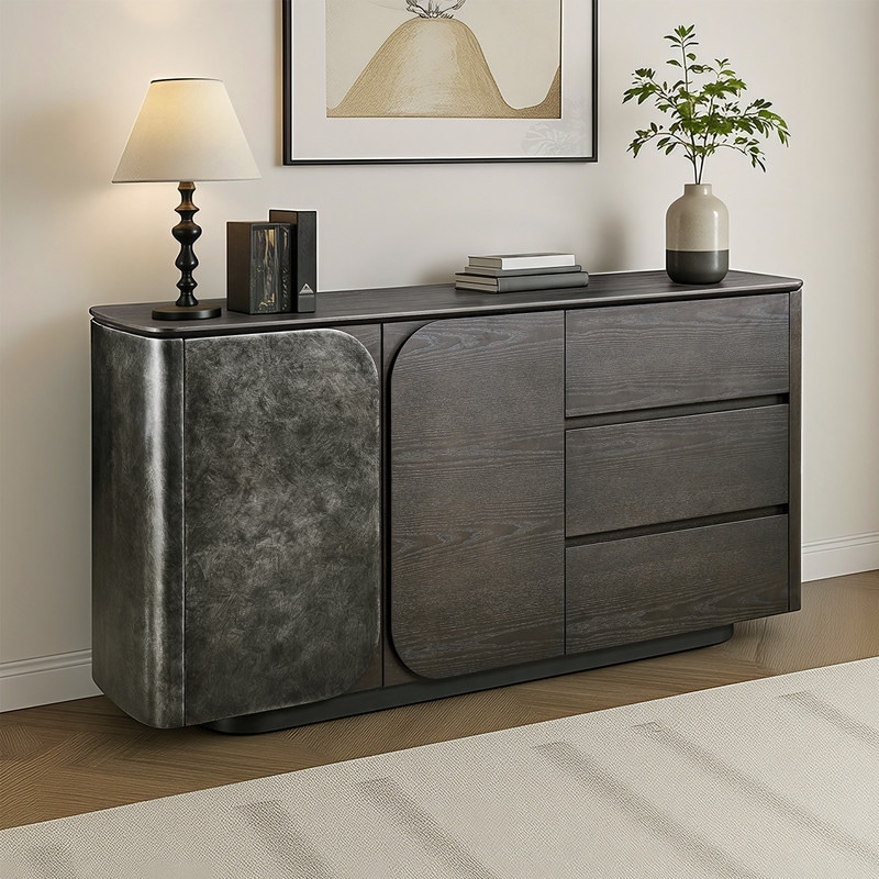 Modern Scandinavian Luxury Ash Wood Sideboard with Metallic Accent, Dark Brown Storage Buffet Cabinet