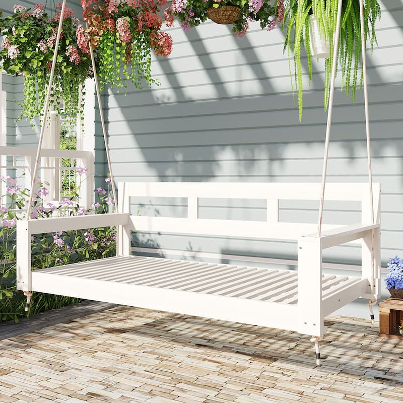 Solid Wood Twin-Size Porch Swing Daybed – 4-Rope Hanging Garden Bench for Backyard & Outdoor Lounging‌