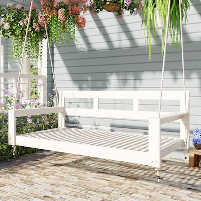 Twin Size Acacia Wood Porch Swing Daybed with Ropes, Outdoor Hanging Garden Bench Frame for Patio, Backyard or Porch