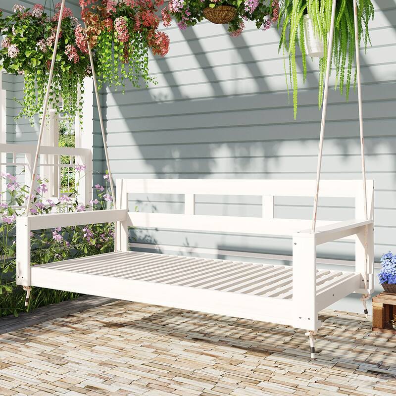Twin Size Wooden Porch Swing Daybed - Outdoor Hanging Rope Swing with 600lb Weight Capacity for Patio, Garden, Backyard - White