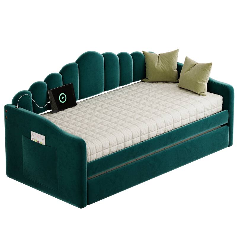 Twin Upholstered Daybed with Trundle - Velvet Sofa Bed, USB Charging, No Box Spring Needed