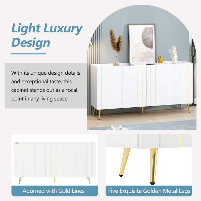 Luxurious Shoe Cabinet & 70" TV Stand, Minimalist Sideboard with Gold-Line Doors, 4 Adjustable Shelves, 62.9" W