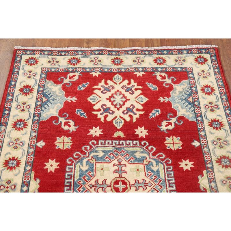 Red Geometric Kazak Rug Hand-Knotted Wool Carpet - 3'5" x 5'0"