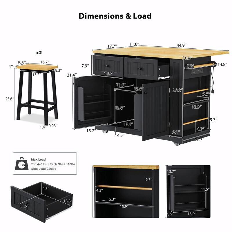48" Rolling Kitchen Island with Drop Leaf, Power Outlet & 2 Bar Stools, Storage Cart with Drawers & Racks