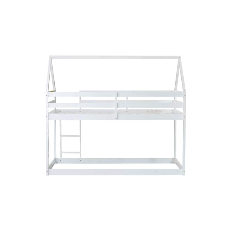 Twin over Twin Rubber Wood Floor Bunk Bed, with ladder,Guardrails,House-Shaped-Bunk Bed