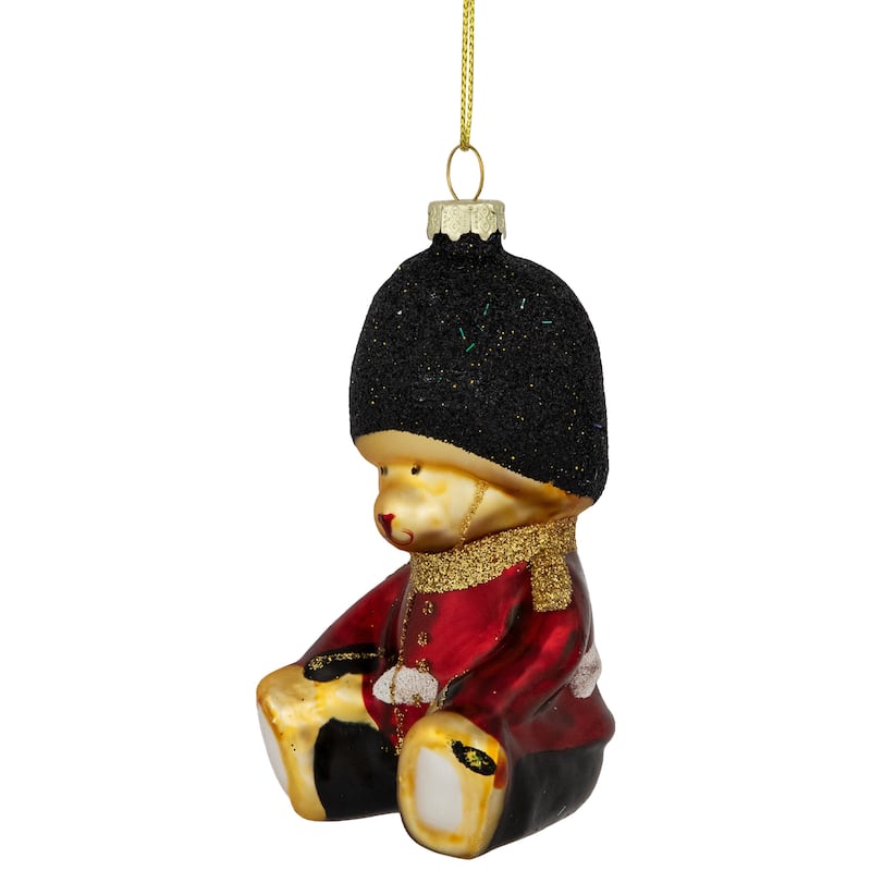 Glittered Teddy Bear Soldier Glass Christmas Hanging Ornament - 4" - Red and Black