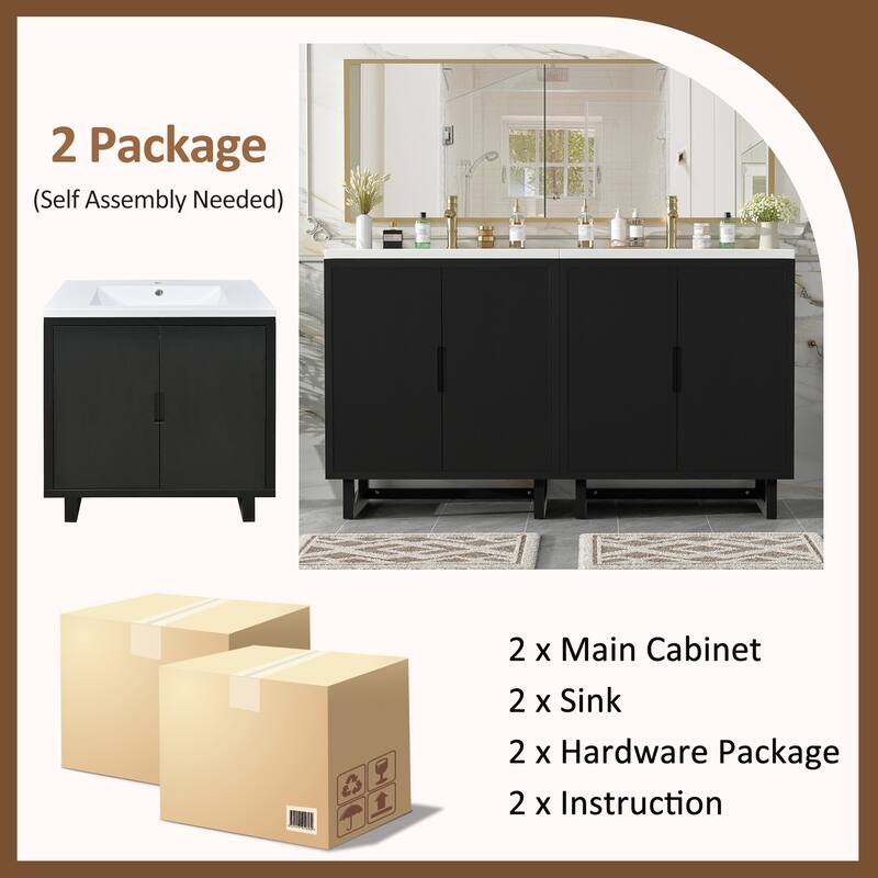 GDFStudio - Transitional Double Bathroom Vanity Set with Resin Sink, Soft Close Doors & Solid Wood Legs, Set of 2