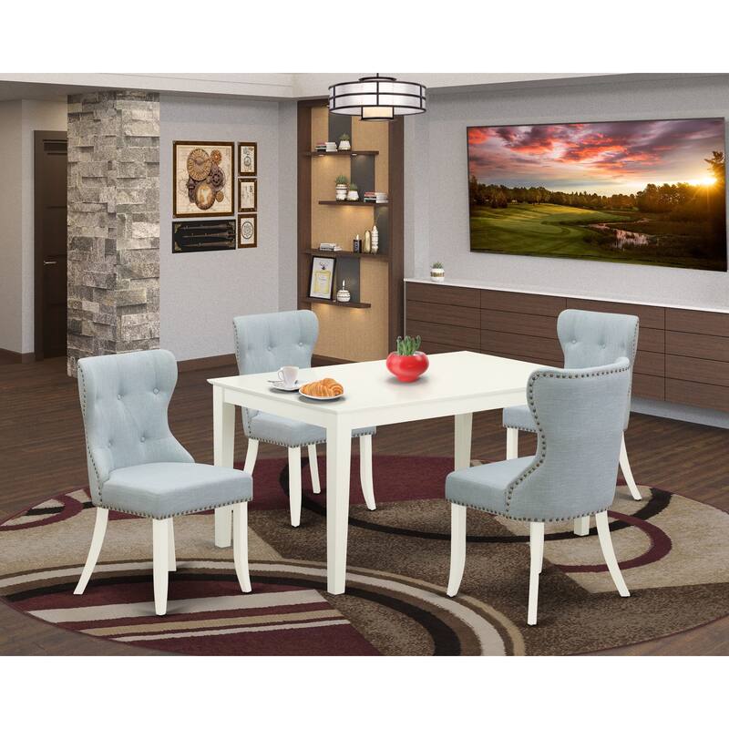 East West Furniture Kitchen Table Set- a Rectangle Dining Table and Baby Blue Parsons Dining Chairs, Linen White(Pieces Options)