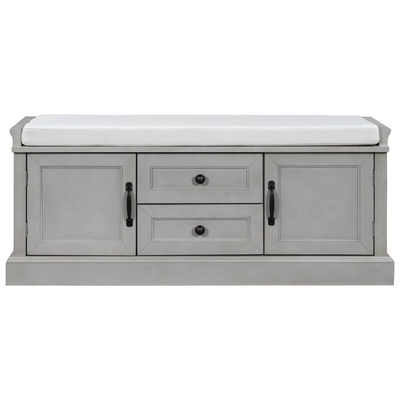 Storage Bench with 2 Drawers and 2 Cabinets, Shoe Bench with Removable Cushion for Living Room