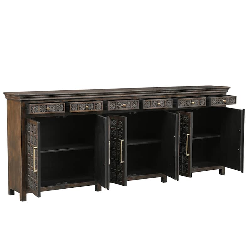 HomeRoots 107" Brown Distressed Solid Wood Carved Floral Six Drawer Sideboard with Six Doors