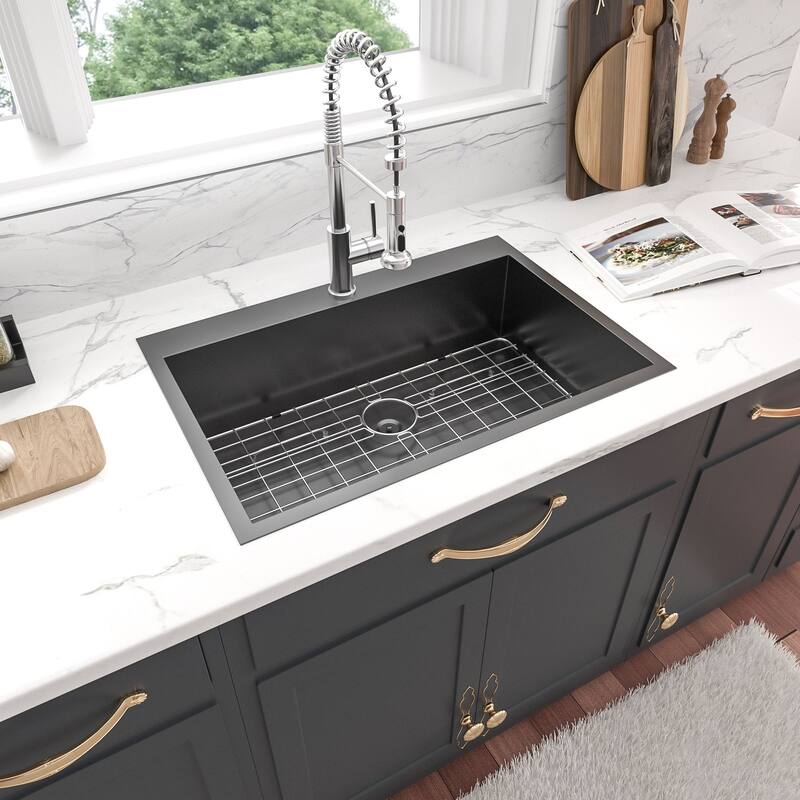 Lordear 30 Inch Top-mount Gunmetal Black Single Bowl 18 Gauge Stainless Steel Drop-in Kitchen Sink - 30x22x9