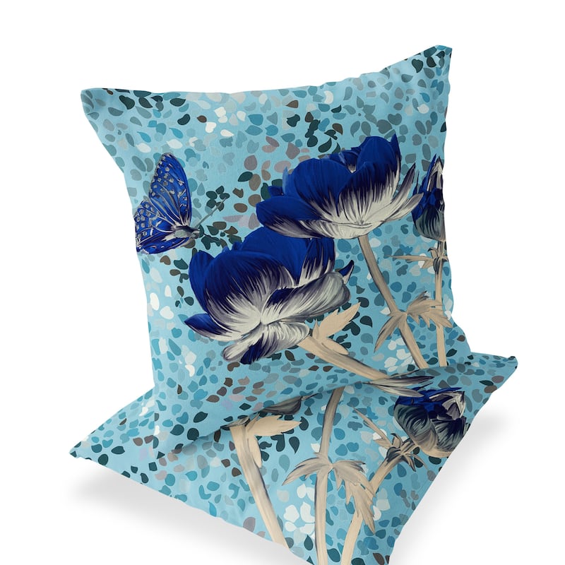 HomeRoots Set of Two 16" X 16" Blue and Gray Butterfly Blown Seam Floral Indoor Outdoor Throw Pillow - 16.00' X '16.00' X '5.00