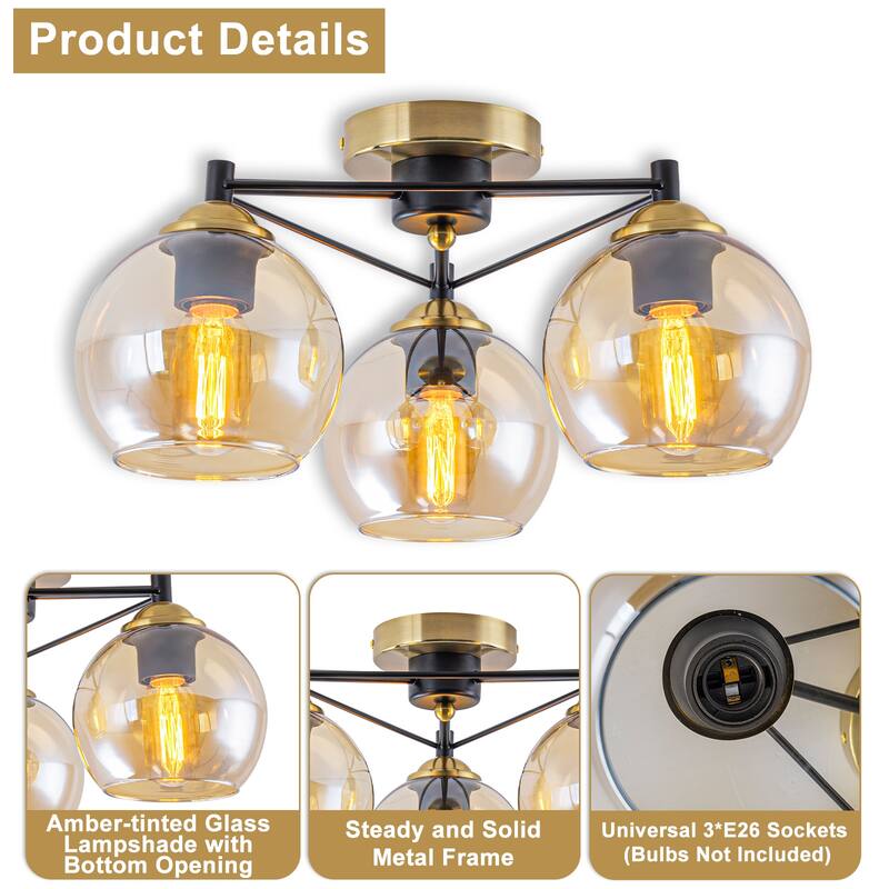 3 Lights Gold Flush Mount Ceiling Light with Amber Glass Globes - Dia.17.72-in