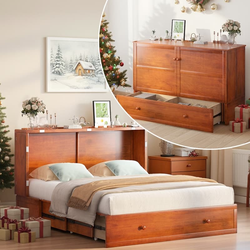 Mixoy Queen Horizontal Murphy Chest Bed with Mattress,Charging Station - Cherry - Queen