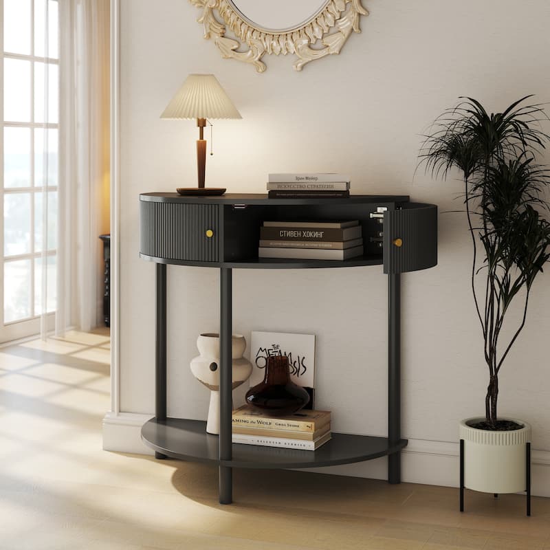 Artisan-Crafted Demi-Lune Console Table,Unique Half Moon Design End Table with 2 Drawers and Shelf