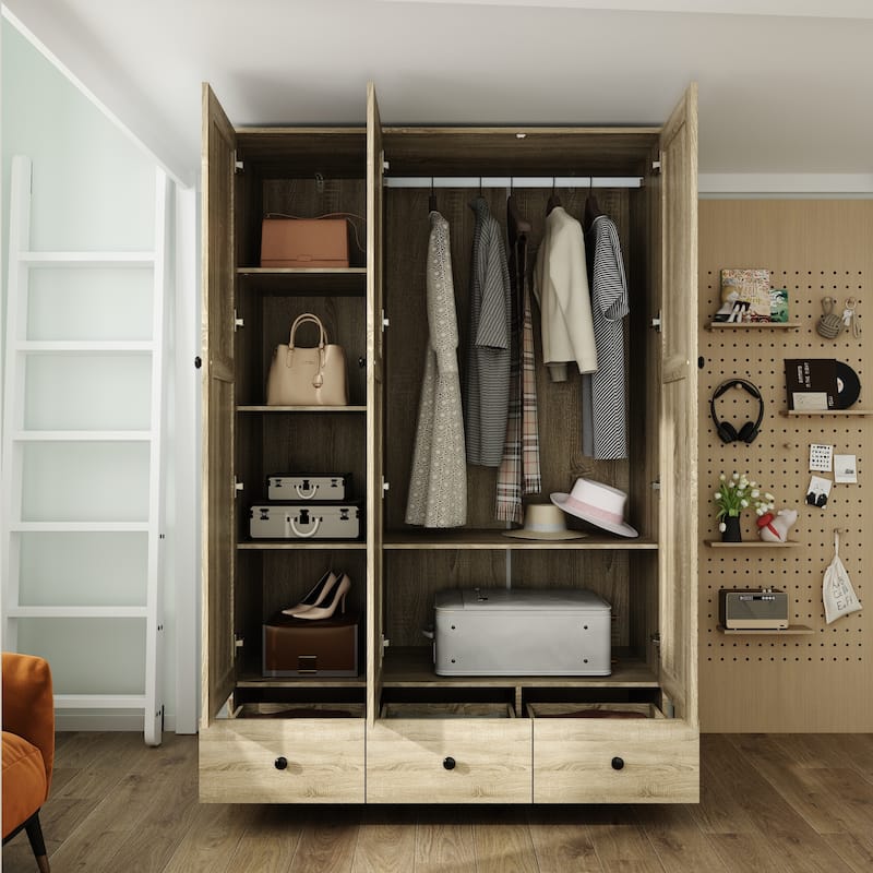 Rattan-Accented Wardrobe - Spacious Clothing Organizer with Style