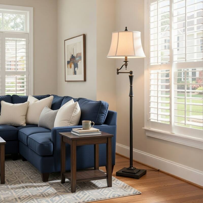 Metal Body Floor Lamp with Fabric Tapered Bell Shade, Beige and Black