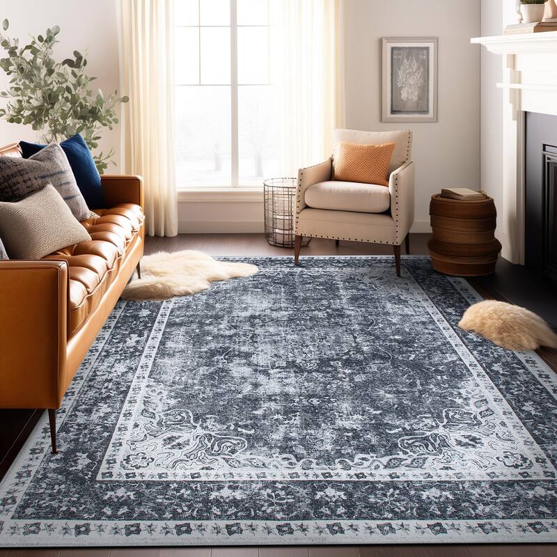 Traditional Distressed Medallion Machine Washable Area Rug