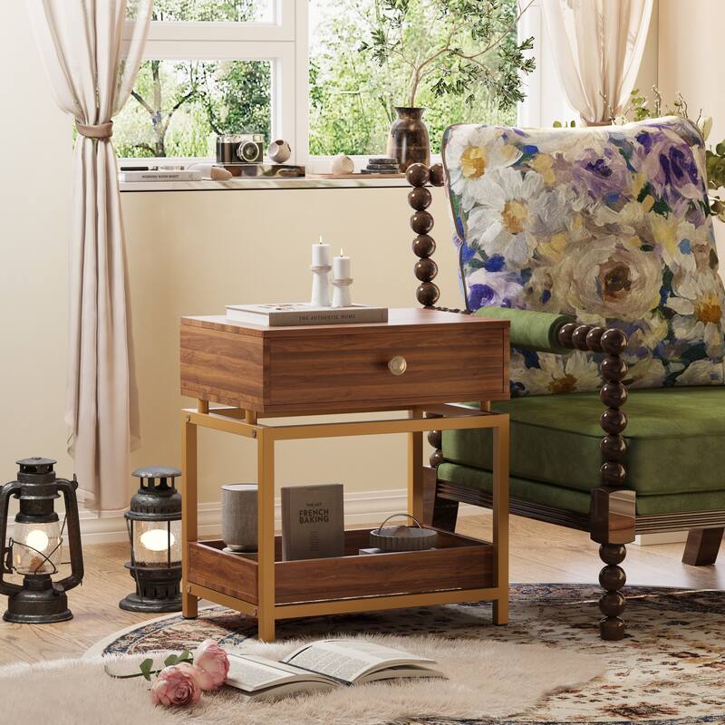 Anmytek 2 Tier Gold Metal Frame End Table with Drawer and Open Shelf Modern Nightstand Sofa Side Table Bedroom Living Room - Wood - Walnut