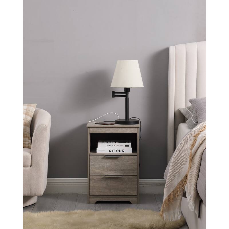 End Table Side Table Nightstand with 2 Drawers, Lamp Table Gray Dressing Table with Open Shelf and Charging Station