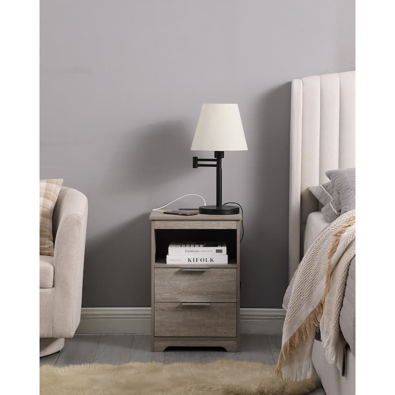 Nightstand with Charging Station,End Table with 2 Drawers,Wooden End Table with Drawer and Opening Shelf