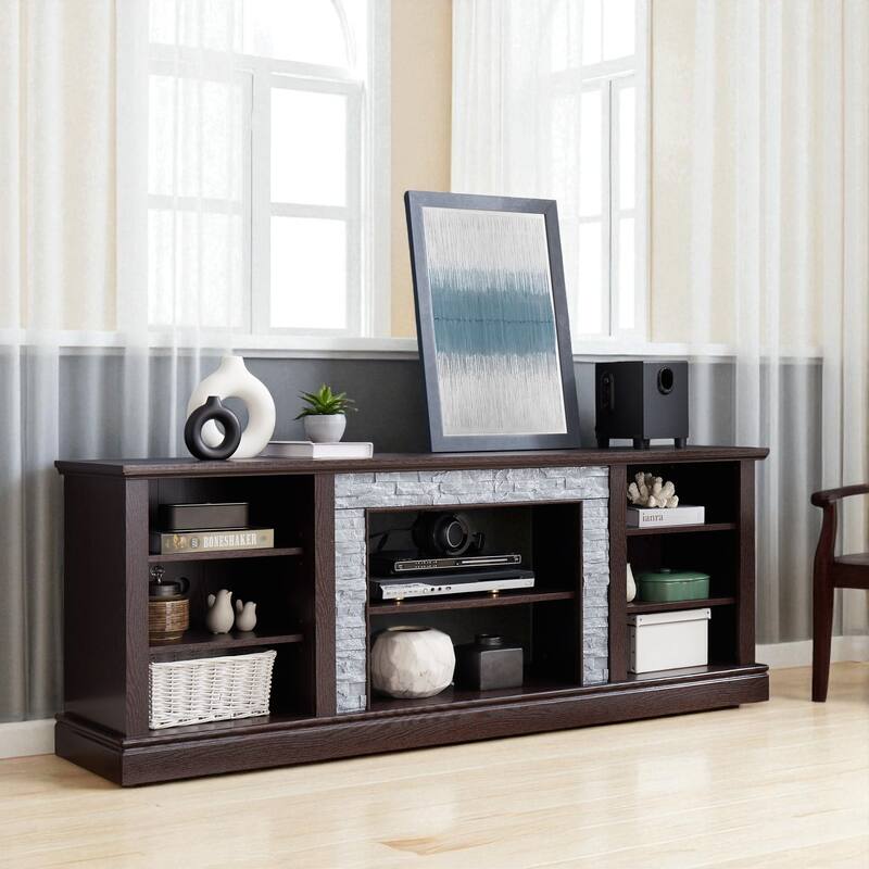 70" TV Stand with Faux Stacked Stone Surround, Modern Entertainment Console with Large Storage Cabinets