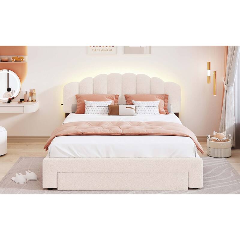 Teddy Fleece Queen Size Upholstered Platform Bed with Drawer